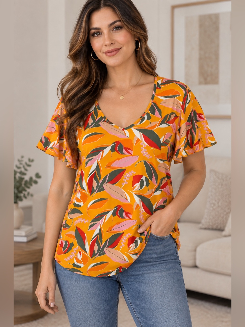 Ashley Blue Women’s Orange Tropical Floral Flutter Sleeve V-Neck Top Size XL